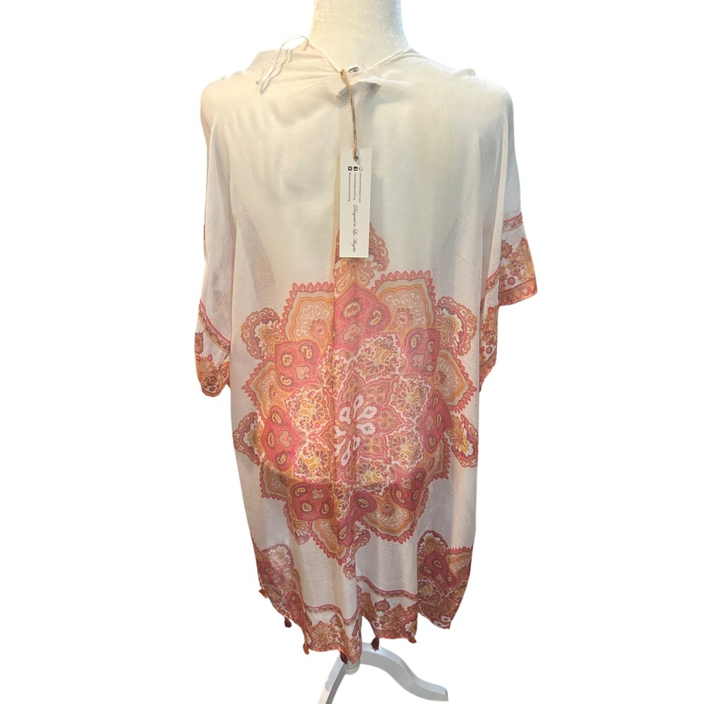 Kimono Cover Up Shawl Duster Boho Festival Paisley Print Tassels Cream Pink